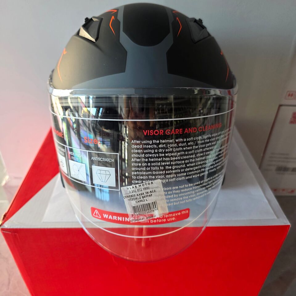 ÇENESİZ KASK JK-512 VİZÖRLÜ ŞEFFAF CAMLI GRİ TURUNCU L