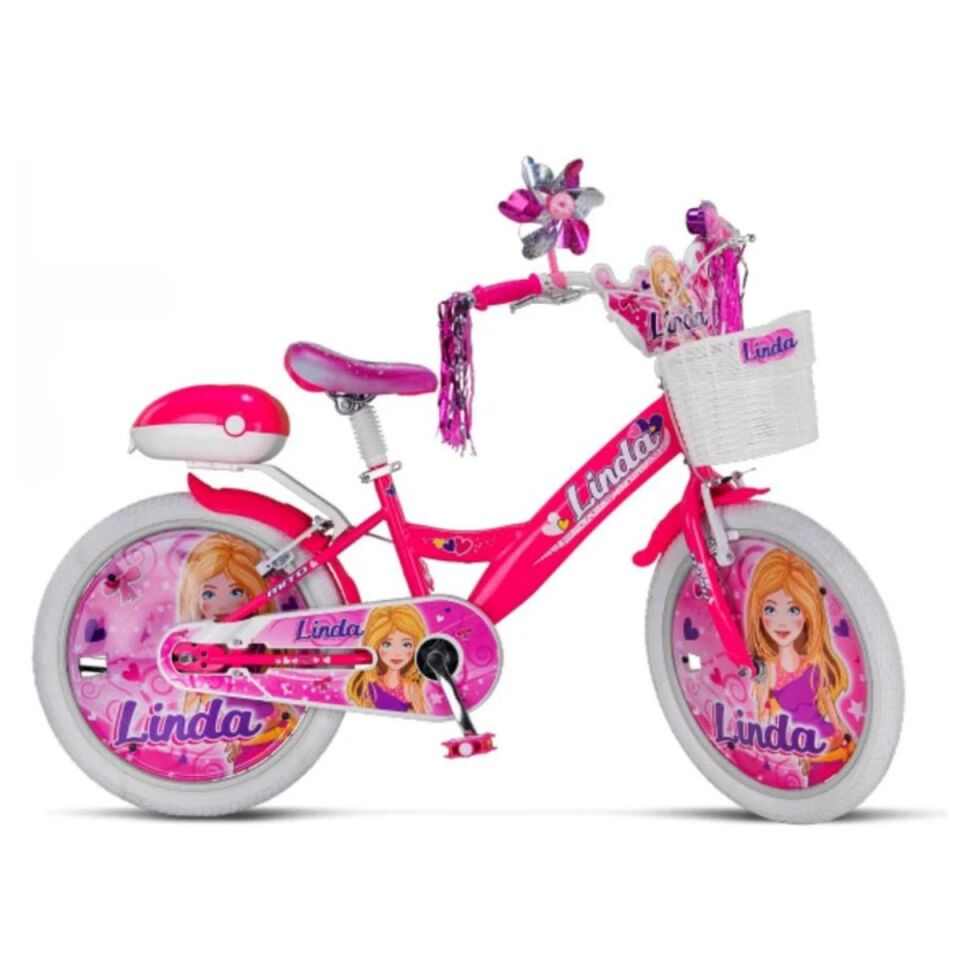 BELDERİA 20 JANT LINDA BİSİKLET 1V VB PEMBE PLASTİK ÇAMURLUK + ÖN SEPET + ARKA ÇANTA