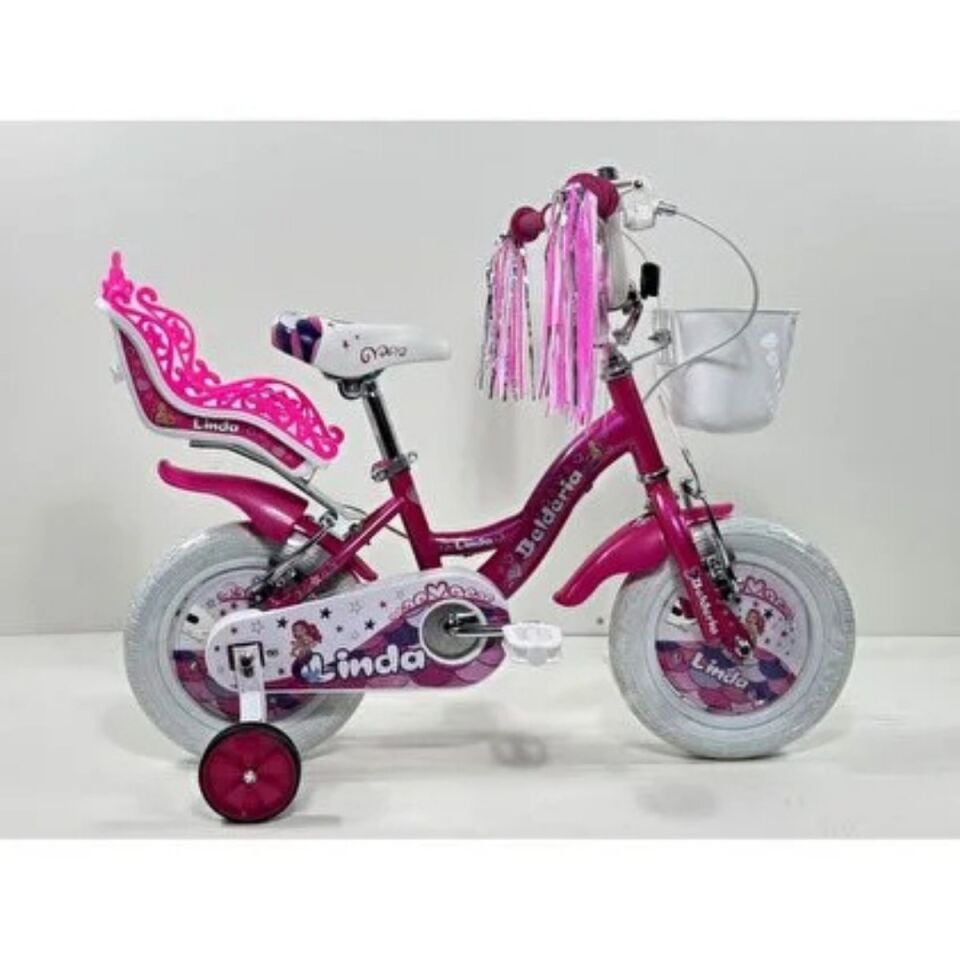 BELDERİA 12 JANT LINDA BİSİKLET 1V VB PEMBE PLASTİK ÇAMURLUK + ÖN SEPET + ARKA ÇANTA